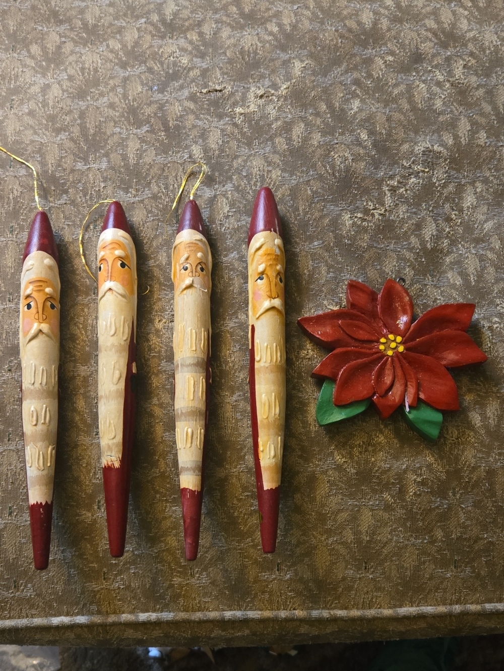 Hand-Carved Wooden Santa Ornaments and Poinsettia Holiday Decor - Red